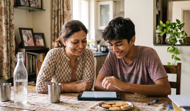 Indian mother and son reviewing career assessment on a tablet together at home