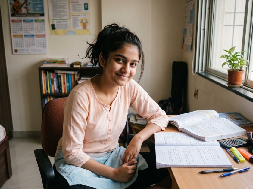 Class 10 student making a calm, data-backed stream choice with reference books